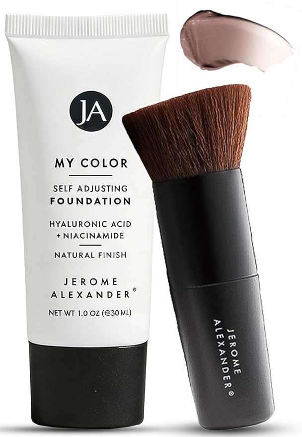 Jerome Alexander My Color Self-Adjusting Foundation, Hydrating & Lightweight Face Makeup, Skincare-Infused, with Kabuki Brush, Dark, 1 oz
