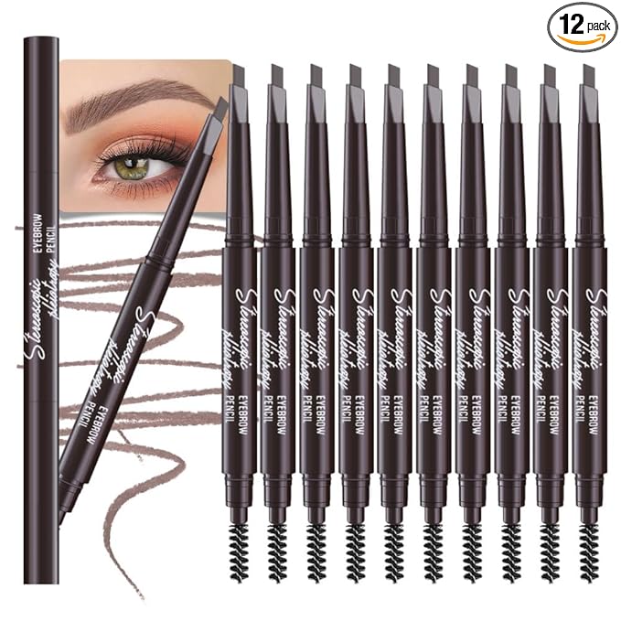 12 Pcs Ultimate Eyebrow Retractable Definer Pencils,Dual-Sided Natural Soft Textured Eyebrow Pencil, for Daily Look Eyebrow Makeup,Brow Brush,Fine Tip (12Pcs-Medium Brown-Retractable Triangle)