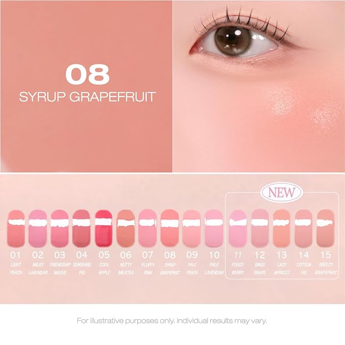 PERIPERA SYRUPY TOK CHEEK 15 Colors, Liquid Blush, Dewy Finish and Hydrates All day, Soft Velvet Texture Face Cheek Tint (08 SYRUP GRAPEFRUIT)