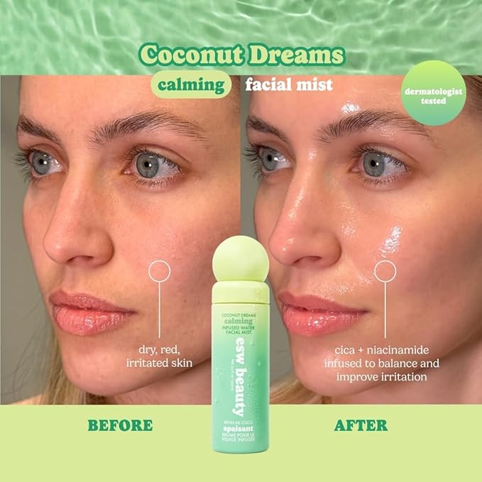 ESW Beauty Coconut Dreams Facial Mist - Hydrating Face Mist - Makeup Primer & Setting Spray - Unscented Face Toner for Sensitive Skin with Coconut Water, Cucumber & Aloe 3.4oz