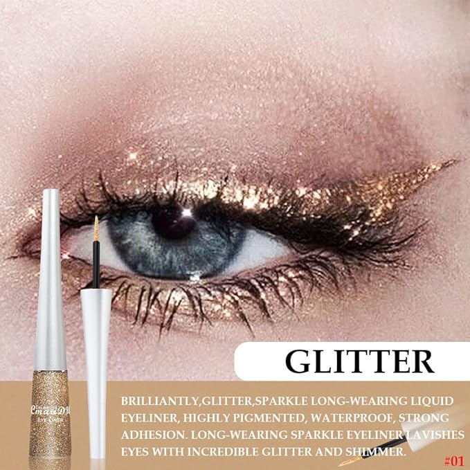 evpct 2Pcs Gold Champagne Gold Color Liquid Glitter Eyeliner Sets Eyeliner Liquid Liners for Women Sparkly Eyeliners delineador con glitter de colores para ojos colores 01+14