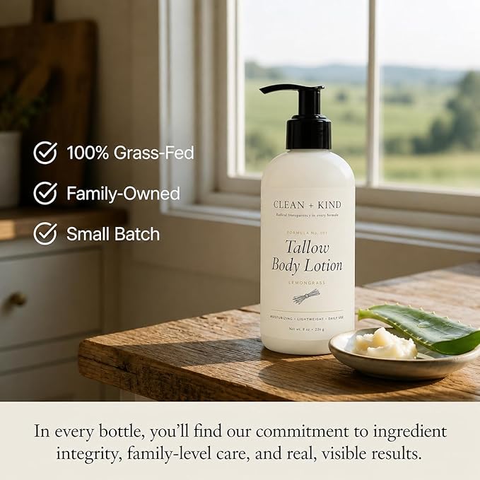 Lemongrass Whipped Tallow Body Lotion — Hydrating Non-Toxic Natural Body Moisturizer & Cream, Grass-Fed Beef, Organic Shea, Jojoba, Coconut MCT & Aloe for Dry Sensitive Skin (8 oz)