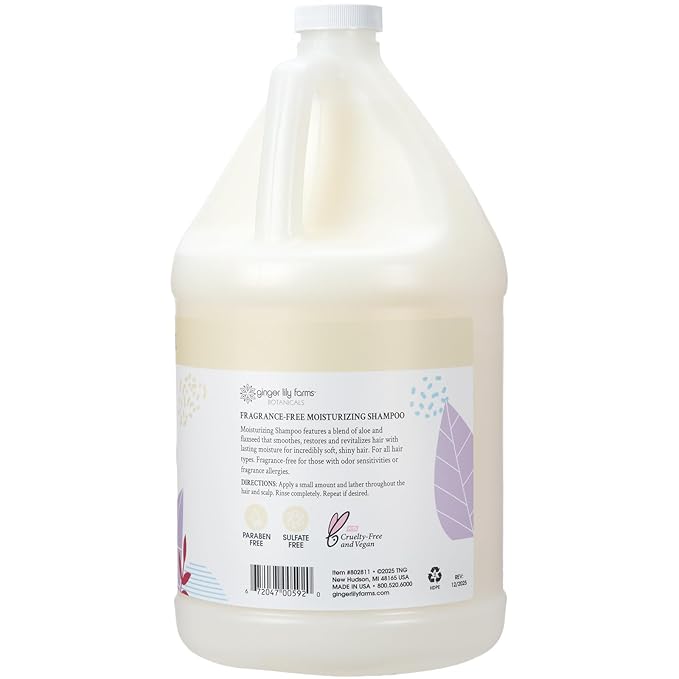 Ginger Lily Farms Botanicals Moisturizing Shampoo for All Hair Types, 100% Vegan & Cruelty-Free, Fragrance Free, 1 Gallon (128 fl oz) Refill