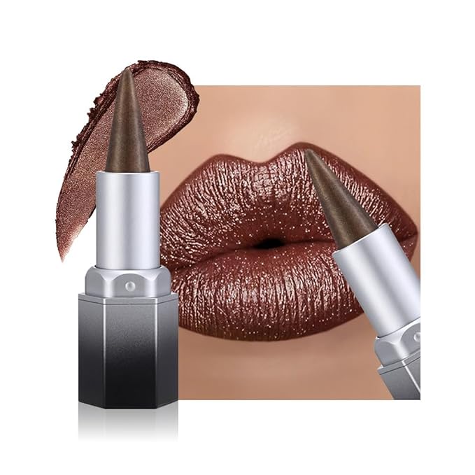 evpct Black Silver Shimmery Metallic Lip Liner and Lipstick Combo, Cone Tip Lip Crayon for Women Long Lasting Waterproof, Shinny Hydrating Lipstick Makeup, Glitter Lips Liner Pencil for Shimmery Shade