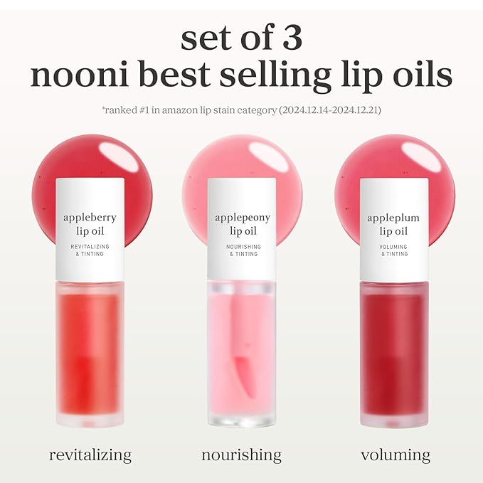 NOONI Korean Lip Oil Set - Appleberry, Applepeony & Appleplum - Long-Lasting, Moisturizing, Revitalizing - Waterproof, No Peel Off, Stocking Stuffers (3EA, 0.12 fl oz)
