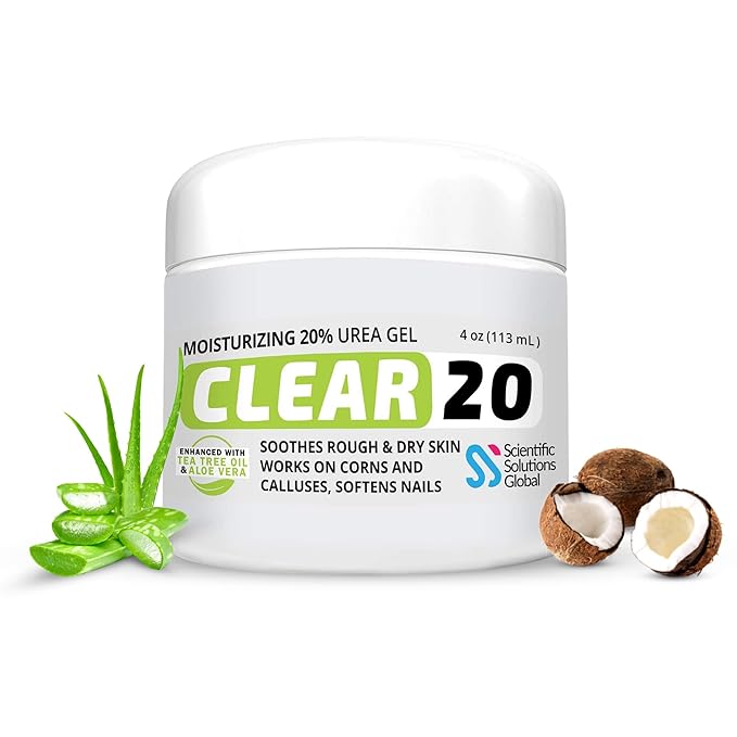 CLEAR 20, 20% Urea Gel, 4 oz w/ Tea Tree & Coconut Oil, Aloe Vera Extract, Callus & Corn Remover Moisturizes & Softens Cracked Heels, Feet, Elbows, Hands, Nails, Superior hydration to Urea Creams