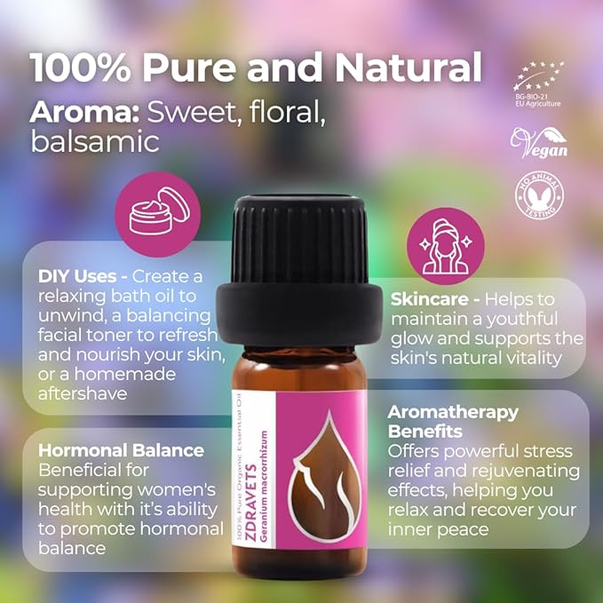 Essences Bulgaria Organic Zdravets Essential Oil 1/6 Fl Oz | 5ml | Geranium macrorrhizum | 100% Pure and Natural | Undiluted | Therapeutic Grade | Family Owned Farm | Steam-Distilled | Non-GMO | Vegan