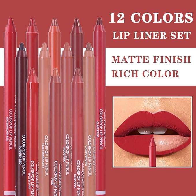 Miss Demi 12 Colours Sculpting Matte Velvet Lip Liner Set, Creamy Velvet Pigmented Lip Liner, Matte Set Makeup Soft Pencils for Women (12 Pcs)