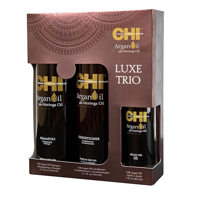 CHI Argan Oil Luxe Trio Kit with Shampoo, Conditioner and Moringa Oil (Set of 3), 11 fl. oz.