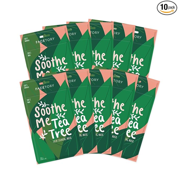 FACETORY K Beauty Face Mask Skin Care - Soothe Me Tea Tree 2-Step Sheet Mask with Tea Tree Extract & Chamomile + Soothing Ampoule | Skin Calming, Acne Clearing (10 Pack)
