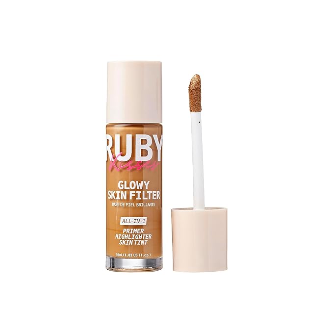 Ruby Kisses Glowy Skin Filter Foundation - All-in-1 Primer, Skin Tint & Highlighter, Hydrating Light Coverage with Squalane, Natural Dewy Finish, Luminous & Radiant Glow (Golden Tan)