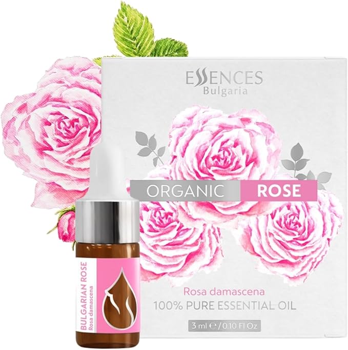 Essences Bulgaria Organic Rose Essential Oil 0,1 Fl Oz | 3ml | Rosa Damascena | 100% Pure and Natural | Undiluted | Therapeutic Grade | Family Owned Farm | Steam-Distilled | Non-GMO | Vegan
