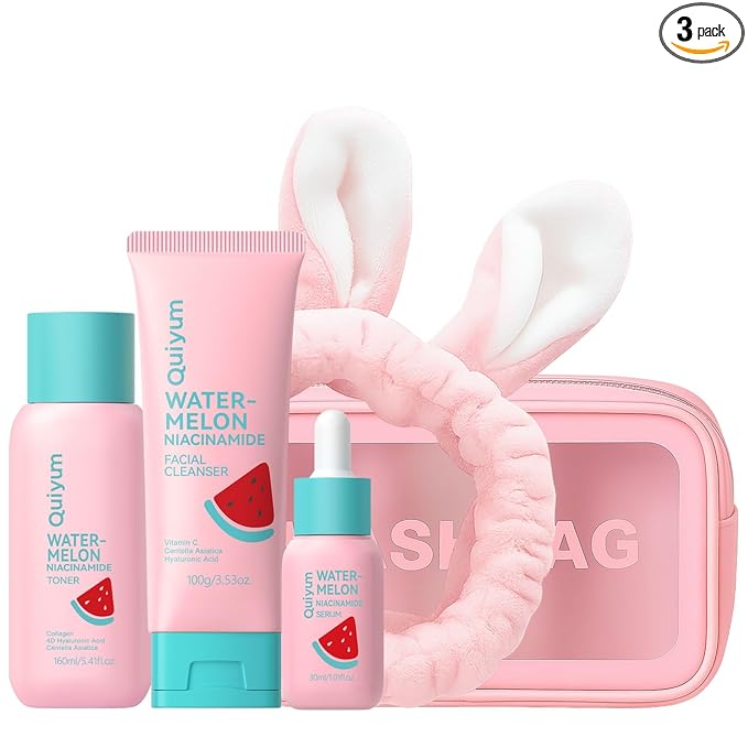 QUIYUM Watermelon & Niacinamide Skin Care Set, Beauty Facial Skincare Products, Routine Skincare for Teens, Nourishing, Hydration, Glow Up, Trendy Stuff for Girls with 3PCS, Birthday Mother's Day Gift