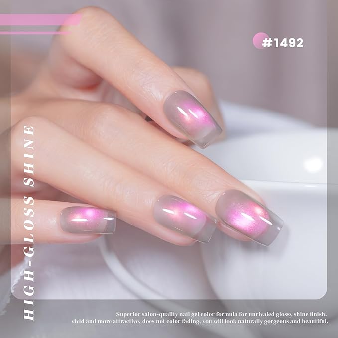 RARJSM Pastel Aurora Ceramics Glitter Cat Eye Gel Nail Polish Set 6Pcs Champagne Gold Green Mint Icy Blue Violet Pink Smoothie Glassy Cateye Gel Polish with Magnetic Stick Curing Require Home Salon