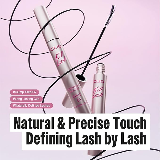CLIO Kill Lash Superproof Mascara Fine, Waterproof Defining Mascara with Ultra-Slim Triangular Brush, Natural Length, Precise Separation, Smudge-Resistant Wear (01 Vanilla Black)