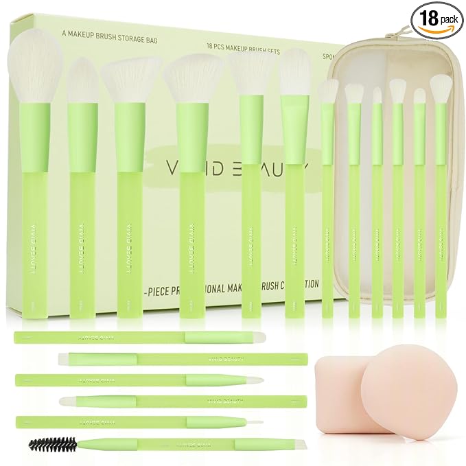 Green Makeup Brush Set – 18PCS Makeup Brushes with 2 Sponges & Travel Bag, Soft Cosmetic Brushes for Foundation, Powder, Blush, Eyeshadow – Professional & Beginner Beauty Brush Kit for Women