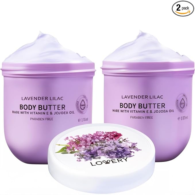 LOVERY Lavender Lilac Body Butter - Shea Cream with Jojoba Oil & Vitamin E - Hydrating Natural Moisturizer for Hands - 12 Fl Oz