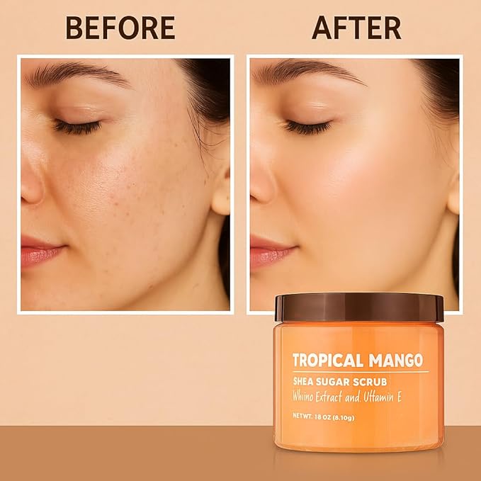 Exfoliating Shea Sugar Body Scrub with Tropical Mango Scent, 18 oz – Deep Cleansing & Moisturizing Natural Sugar Scrub for Smooth, Radiant Skin