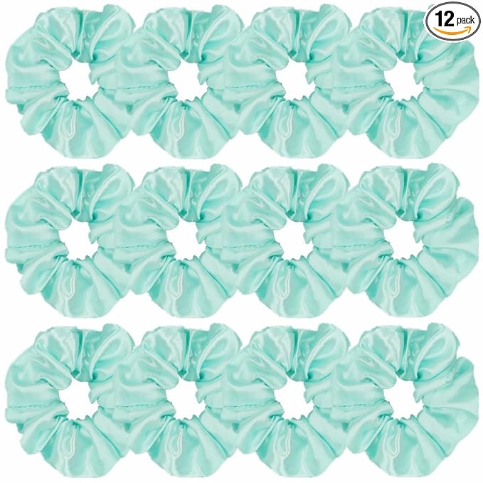12 Pcs Satin Silk Scrunchies Soft Ties Fashion Bands Bow Ropes Elastic Bracelets Ponytail Holders Accessories for Women and Girls (4.5 Inch, Blue Green)