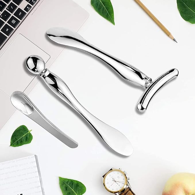Pimoys 3 Pcs Metal Eye Cream Applicator Tool, Eye Roller Massage Sticks and Makeup Cream Spoon, Facial Massager for Reducing Puffiness Wrinkle Dark Circles