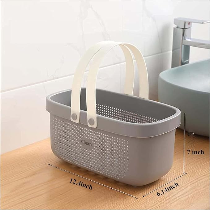 Plastic Shower Caddy Basket With/Drain Holes In Bottom, Portable Dorm Shower Basket Bathroom Storage Basket for Bathroom Body Wash, Shampoo - 12.4 * 6.14 * 7inch - White+Gray