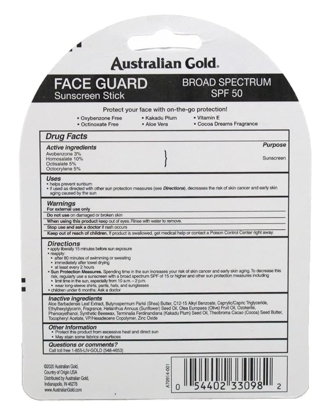 Australian Gold Spf#50 Face Guard Stick 0.6 Ounce (17ml) (3 Pack)