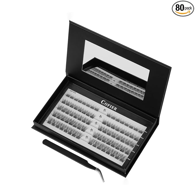 Glue-Free Wispy Lash Clusters Kit, 80 Pcs Individual Eyelash Clusters (10-18mm C Curl)- DIY Lash Extension Kit with Eyelashes Tweezers, Natural Fluffy Fake Lashes for Home Use, Beginners Friendly