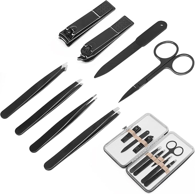 Nail Clippers and Tweezers Set, 8 Pcs Stainless Steel Manicure Pedicure Kit for Thick Nails, Travel Nail Grooming Tools with Case, Gifts for Men & Women