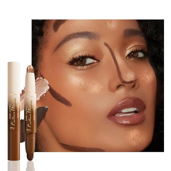 FeiCuiYun Dual-Ended 2-in-1 Cream Contour & Highlighter Stick Makeup For Face & Body – Waterproof, Long-Lasting, Suitable for All Skin Tones, 06#Black Cocoa + Bronzer Shimmer