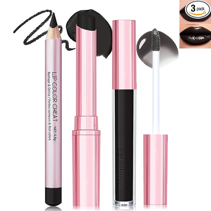 3 PCS Black Lip Combo Set - Precision Matte Lip Liner and Lipstick with High-Shine Black Lip Gloss Smooth Long-Lasting Smudge-Proof High Pigment for Gothic Cosplay Makeup