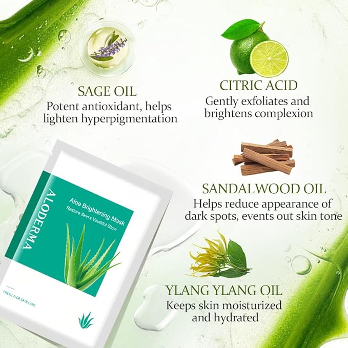 Aloderma Brightening Sheet Masks with 88% Organic Aloe Vera - 5 Pack Facial Masks with Niacinamide, Arginine for Radiant Skin - Evens Skin Tone & Revitalizes Rough, Dull Skin - Aloe Face Mask Sheet