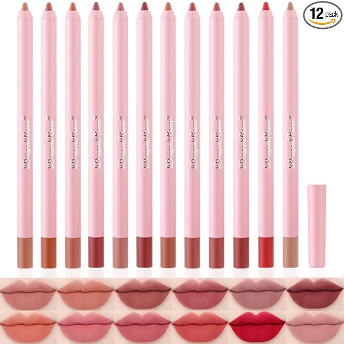 Matte Lip Liner Pencil Set,12 Colors Natural Nude to Dark Waterproof Long Lasting No Fade Soft Pencils Lipstick Makeup Gift Set for Daily Travel Party Work (A)
