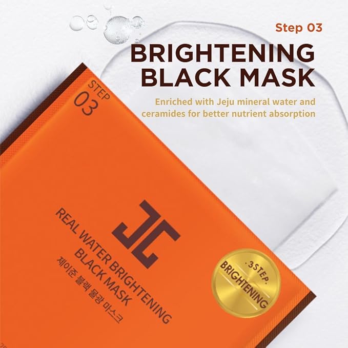 JAYJUN Real Water Brightening Black Mask, Pack of 10 Sheets, 25ml, 0.84 fl. oz., Brightening, Hydrating, Sheet Mask, 3 Step
