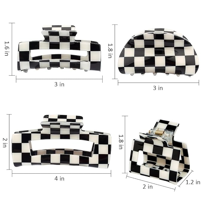 Atoden Checkered Hair Clips for Thick Thin Hair 4Pcs Large Medium Small Square Claw Clips Non Slip Strong Hold Jaw Clips Y2K Hair Accessories for Women Girls Black White
