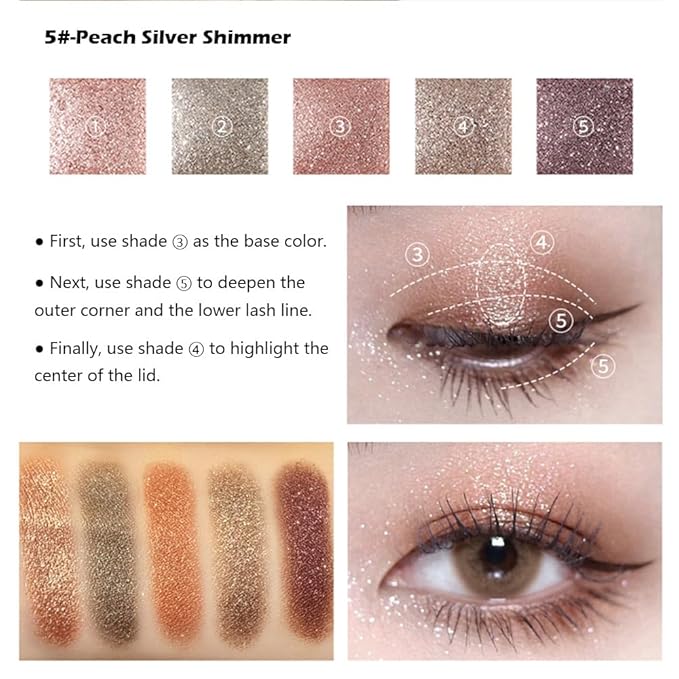 Mivota Shimmer Glitter Eyeshadow Palette 5 Colors Peach Champagne Silver and Taupe Brown Nude Eyeshadow High Pigment Long Lasting Blendable Neutral Glam Eye Makeup for Party or Daily Look, 5#