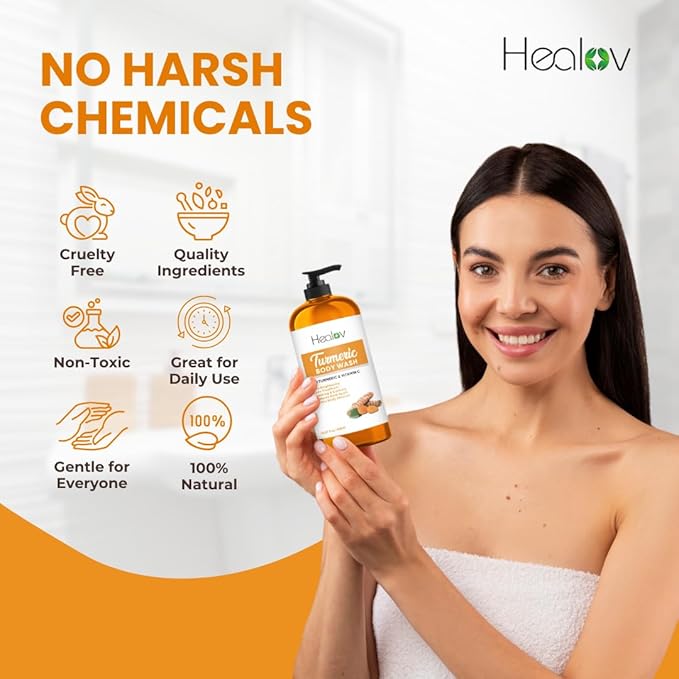 Turmeric Body Wash – Skin Brightening Soap for Dark Spots, Hyperpigmentation – Exfoliating Turmeric Face Wash Reduces Acne, Scars, & Cleanses Skin – Natural Bath Liquid Soap