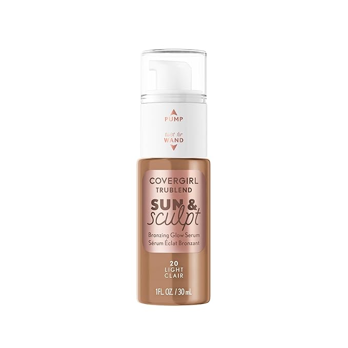 COVERGIRL TruBlend Sun & Sculpt Bronzing Glow Serum, Buildable, Radiant Glow, Wand and Pump Applicator - 20 Light