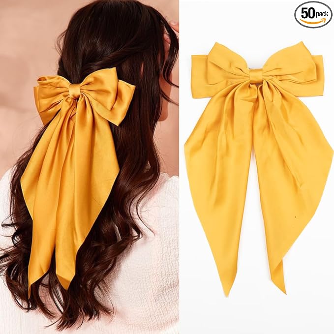 Silky Satin Oversized Long-tail Bow Clip, Large yellow Hair Bow for Women Girl, Hair Accessories with Long Tail, 1Pcs