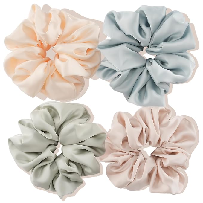 Lolalet Big Satin Scrunchies for Women, 5.9 Inch Large Oversized Scrunchie, Soft Jumbo/Giant Scrunchies Hair Ties for Thick & Curly Hair -4 Pack, Cream/Light Blue/Green/Beige