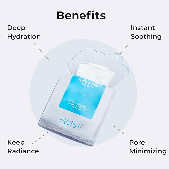 +WIS+ Hyaluronic Acid Sheet Mask 5 EA with Hyaluronic Acid Serum and Vitamin B5, Facial Mask for Dry Skin, Anti-Aging Mask to Plump and Repair Dehydrated Skin, Safe on Sensitive Skin,gift for girls