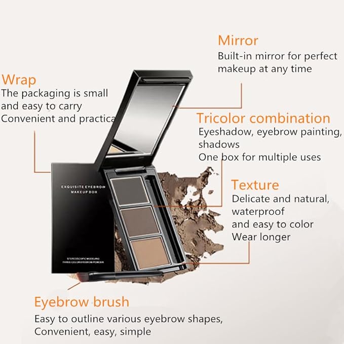 Eyebrow powder three-color brow disc waterproof eyebrow powder eyebrow makeup kit eyebrow filler to shape natural eyebrows (03# Skin color, brown, gray-black)