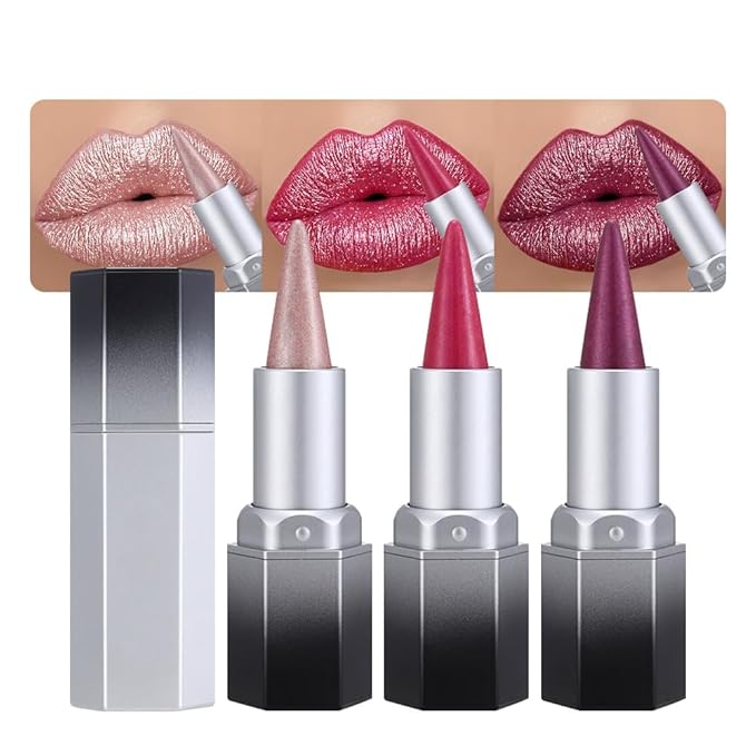 evpct 3Pcs Pink Rose Red Plum Purple Shimmery Metallic Lip Liner and Lipstick Combo, Cone Tip Lip Crayon for Women Long Lasting Waterproof, Shinny Hydrating Lipstick Makeup, Glitter Lips Liner Pencil
