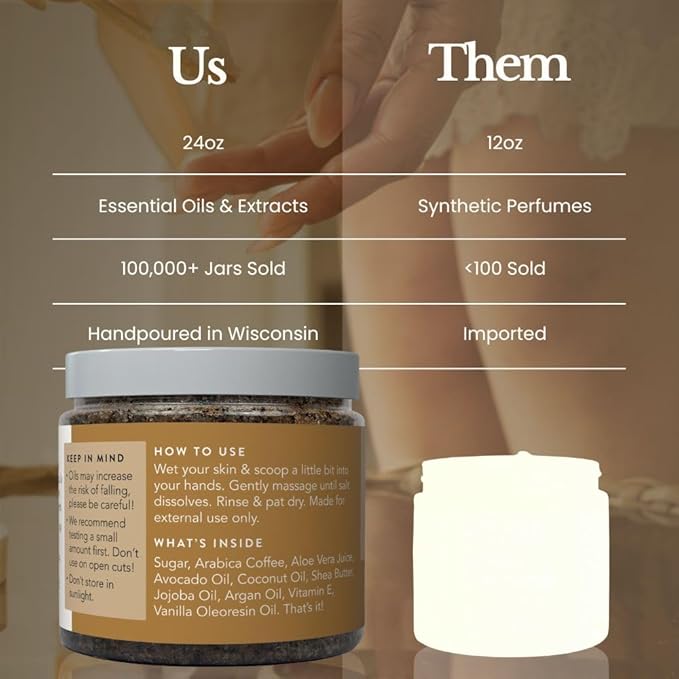 Bare Botanics 24oz Vanilla Hazelnut Coffee Sea Salt Body Scrub | Non-toxic, Vegan & Cruelty-free | Made in Madison, WI | Full Body Exfoliator & Hydrating Moisturizer with a Cute Wooden Spoon