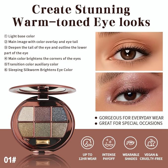 6 Color Glitter Eyeshadow Palette, Smokey Eye Shimmer Eyeshadow, Gold Bronze Black Metallic Eye Shadow, High Shine Sparkle Makeup, Smooth Blendable Long Lasting for Party Night Glam Look 01