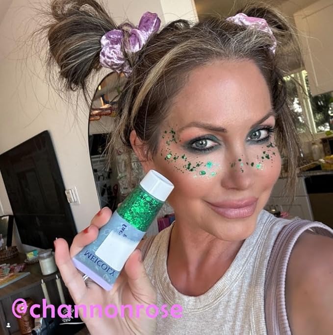 MEICOLY Green Face Body Glitter,St Patricks Day Chunky Hair Glitter for Women Kids,Self-Adhesive Holographic Green Accessories Irish Parade Makeup,Spirit Day Wear,Alien Costume,Festival Rave Outfits