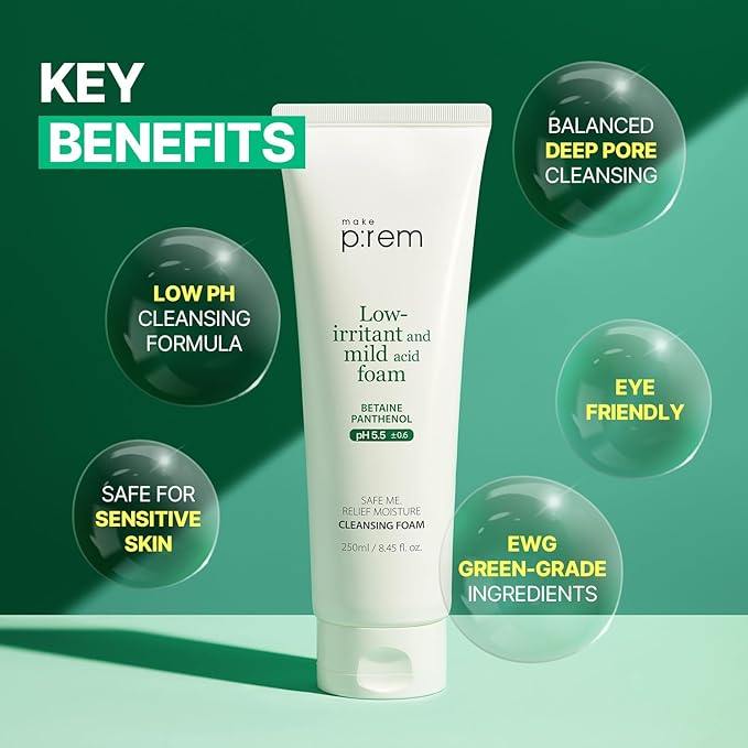 MAKE P:REM Safe Me. Relief Moisture Cleansing Foam, Delicate Eye-Friendly Face Wash for Sensitive Skin, pH Balanced Deep Pore Cleansing, Korean Skin Care, 5.07 Fl Oz, 150ml