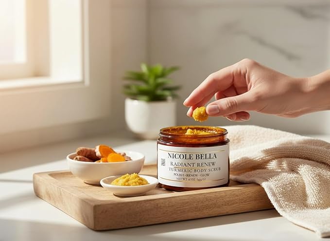 Turmeric Body Scrub- Exfoliating Sugar Scrub for Glowing Skin, Brightening & Dark Spot Care, Smooths Texture, Radiant Renew, 16 oz