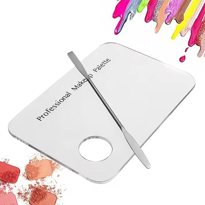 1 Set Acrylic Transparent Makeup Paint Palette Tray for Colors Painting Mixing with Stainless Steel Straight Spatula Nail Art Makeup Tool (Acrylic Color Palette #1)