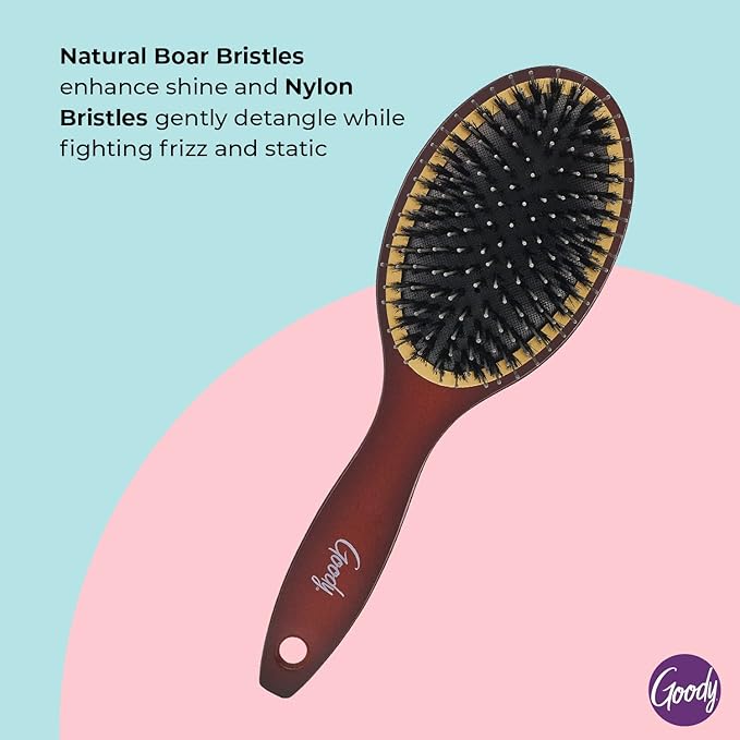 Goody Ceramic Hair Brush, Oval Cushion - Natural Boar and Nylon Bristle Mix to Enhance Shine & Smooth Hair, Fights Frizz and Static - Premium Wood Design is Pain-Free for All Hair Types