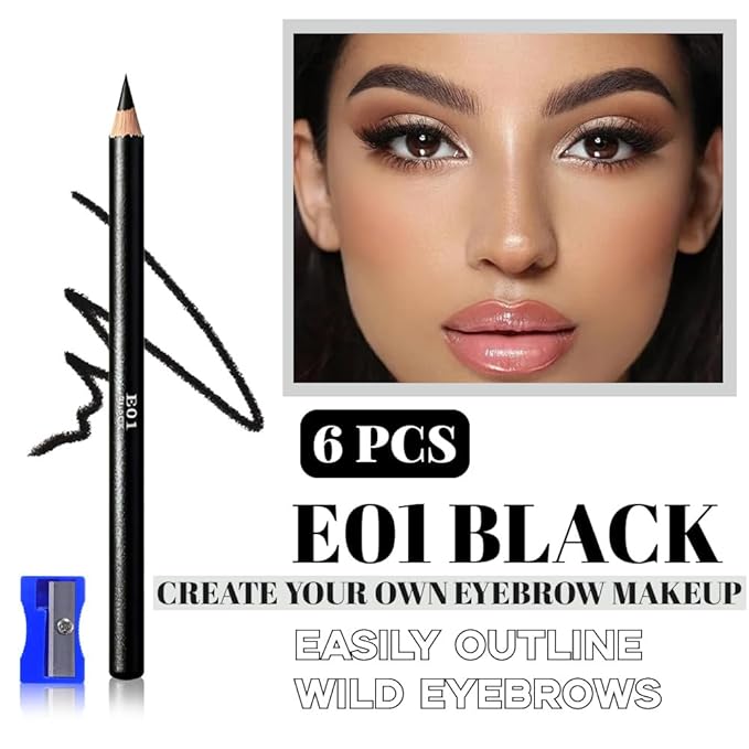 WanTuoluo Eyebrow Pencils for Women with Sharpener, 6Pcs Hard-Core Wooden Eye Brow Eye Liner Pencils for Beginner Makeup, Waterproof & Sweat-Proof (6Pcs-Black)